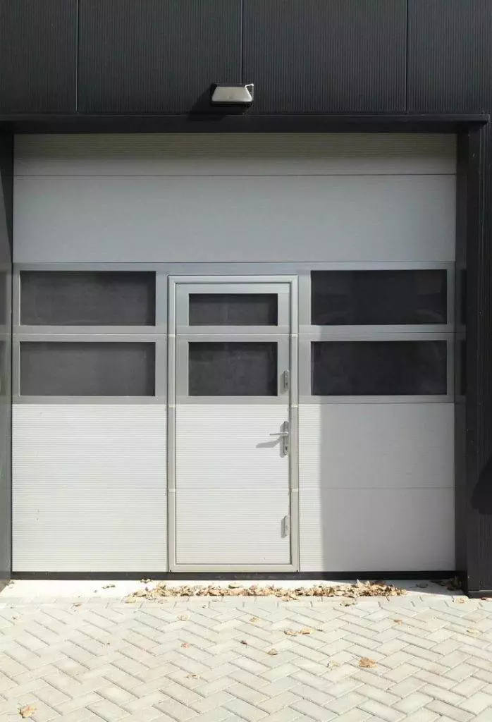 Modern industrial entrance featuring a sleek door design and large windows in a contemporary building setting